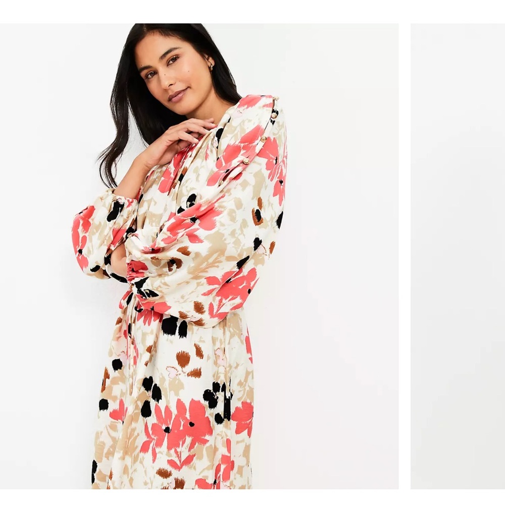 LOFT Coral & Cream Floral Tie-Waist Long Sleeve Dress Cut Out Sleeve Sz L